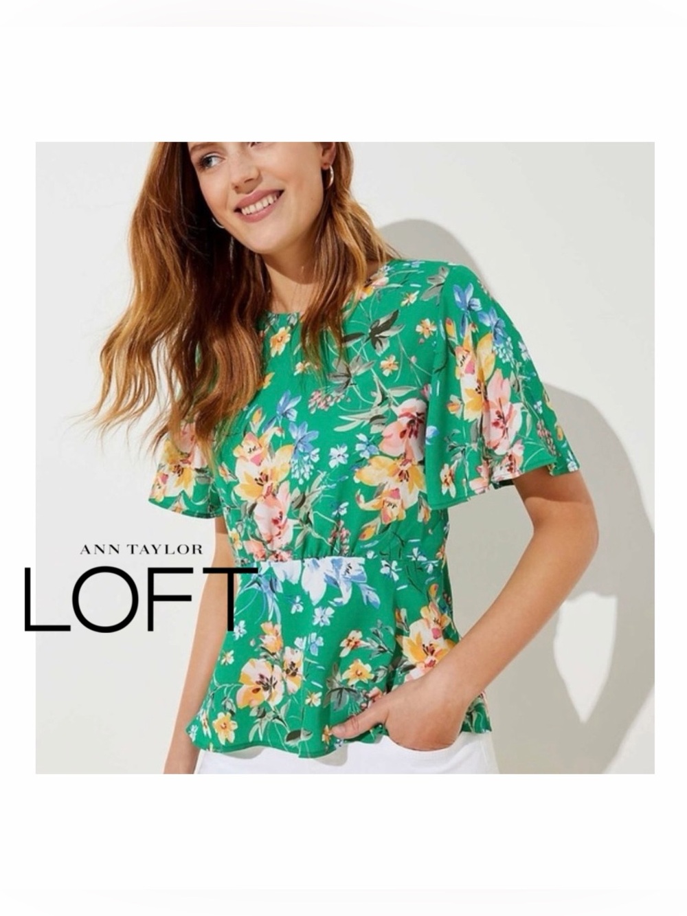 🆕 NWT LOFT Floral Peplum Top in Dynamic Green size 2